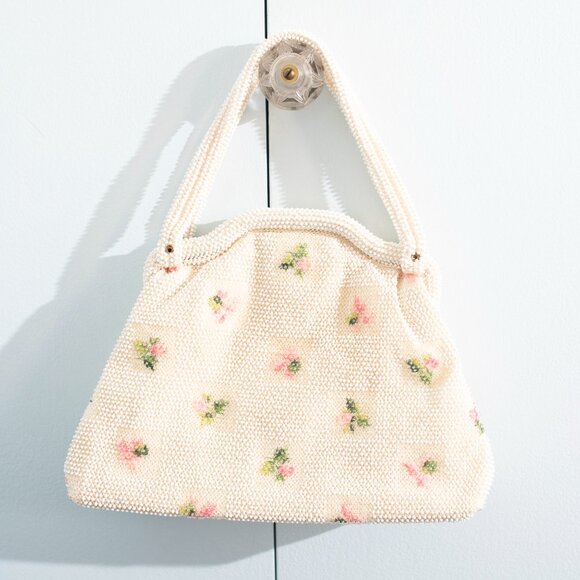 Lumured Handbags - Vintage Beaded Purse White with Pink Flowers